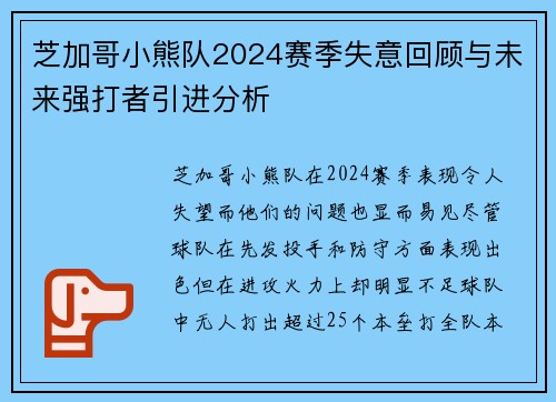 芝加哥小熊队2024赛季失意回顾与未来强打者引进分析